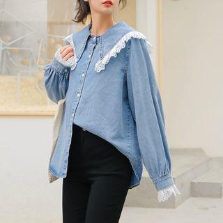 Lace Trim Long-sleeve Denim Blouse