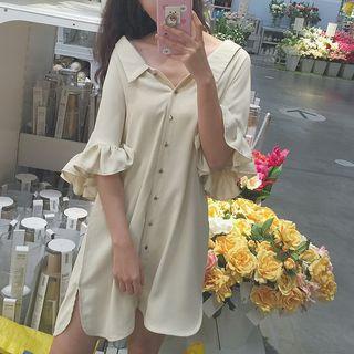 Flounced Elbow-sleeve Shirt Dress
