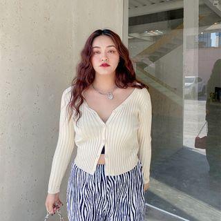 Long-sleeve Fluffy Trim Button-up Knit Top