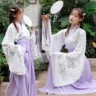 Set Of 2: Embroidered Hanfu Top + Tie-waist Maxi Skirt