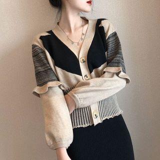 Frill-trim Striped Panel Cardigan As Shown In Figure - One Size