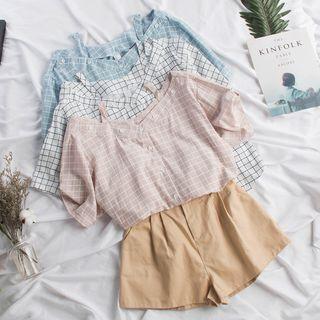 Check Short-sleeve Cold-shoulder Blouse