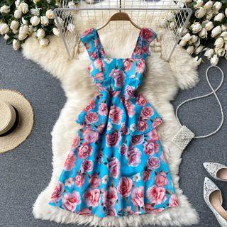 Flower Print Ruffle Spaghetti-strap Dress