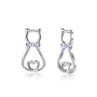 925 Sterling Silver Simple And Cute Cat Stud Earrings With Purple Austrian Element Crystal Silver - One Size
