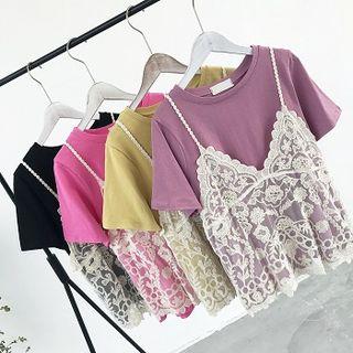 Set: Short-sleeve T-shirt + Spaghetti Strap Lace Top