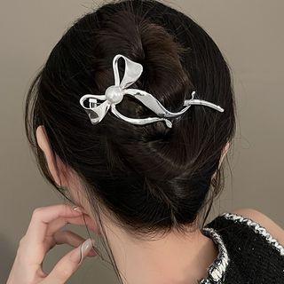 Bow Faux Pearl Alloy Hair Clamp Silver - One Size