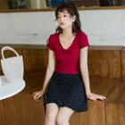 V-neck Bow T-shirt / Dotted Ruffle Hem Mini A-line Skirt