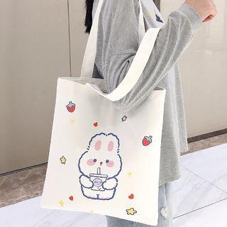 Print Canvas Tote Bag Strawberry Milk Tea - White - One Size