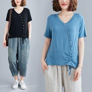 Plain Diagonal Breasted Drawstring T Shirt
