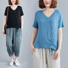 Plain Diagonal Breasted Drawstring T Shirt