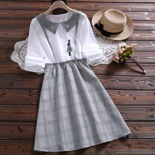 Rabbit Embroidered Long-sleeve A-line Dress