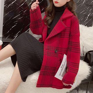 Notch Lapel Double-breasted Plaid Cardigan