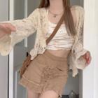 Print Camisole Top / Pointelle Cardigan / Lace-up Mini Skirt