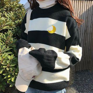 Moon Embroidered Striped Long-sleeve Knit Top