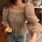 Long-sleeve Off-shoulder Shirred Chiffon Top Beige Almond - One Size