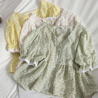 Puff-sleeve Floral Print Button-up V-neck Blouse