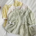 Puff-sleeve Floral Print Button-up V-neck Blouse