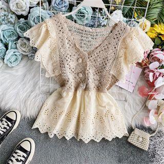 Crochet-lace Ruffle-detail V-neck Blouse