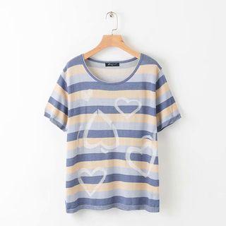Striped Heart Print Short-sleeve T-shirt