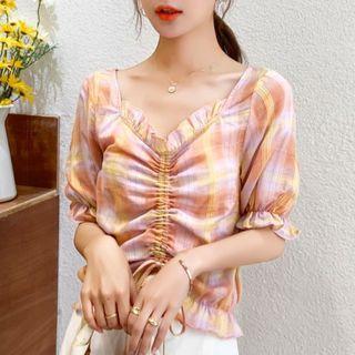 Drawstring-front Plaid Short-sleeve Blouse