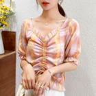 Drawstring-front Plaid Short-sleeve Blouse