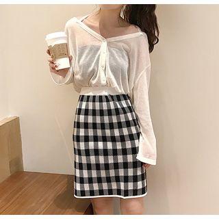Cropped See-through Buttoned Top / Slit-hem Check Skirt