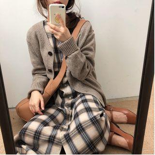 Plain V-neck Cardigan / Long-sleeve V-neck Plaid Midi A-line Shirtdress