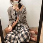 Plain V-neck Cardigan / Long-sleeve V-neck Plaid Midi A-line Shirtdress