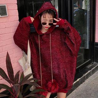 Pom Pom Long Hoodie Wine Red - One Size