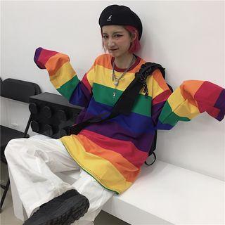 Long-sleeve Color Block Round Neck T-shirt Rainbow - One Size