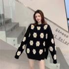 Floral Patterned Sweater Sweater - White Flower - Black - One Size