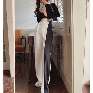 Details Cutout Crop T-shirt / Colorblock Wide-leg Pants