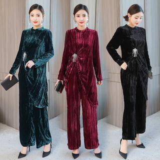 Set: Velvet Long-sleeve Top + Wide Leg Pants