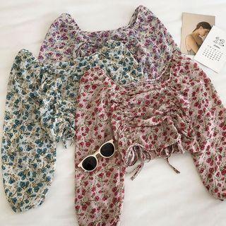 Floral Square-neck Frilled Long-sleeve Blouse