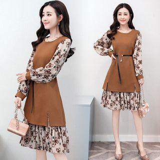 Mock Two-piece Floral Dress With Belt