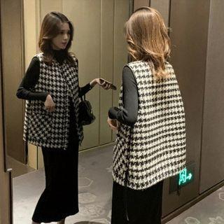 Long-sleeve Midi Sheath Dress / Houndstooth Vest