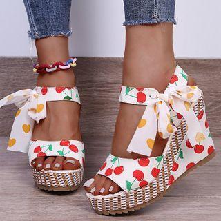 Platform Wedge Fruit Print Tie-ankle Sandals