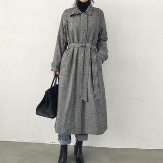Funnel-neck Herringbone Long Mac Coat With Sash