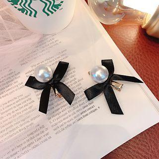 Ribbon Faux Pearl Hair Clip En1311 - White Faux Pearl - Black - One Size