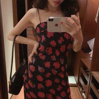 Flower Print Spaghetti-strap Slit Midi A-line Dress