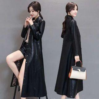 Snap-button Midi Faux Leather Trench Coat