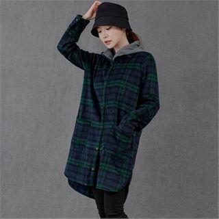 Hooded Checked Fleece-lined Long Shirt