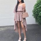 Spaghetti-strap V-neck Plain Camisole Tank Top + Plain Shorts / Plain Long Jacket