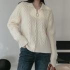 Lapel Cable-knit Zip Cardigan Beige - One Size