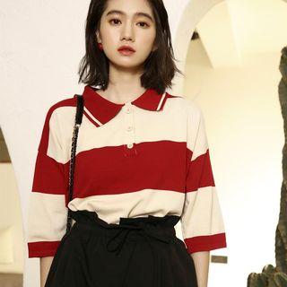 Striped Elbow-sleeve Polo Shirt Red - One Size