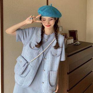 Short-sleeve T-shirt Dress / Tweed Vest / Crossbody Bag / Set