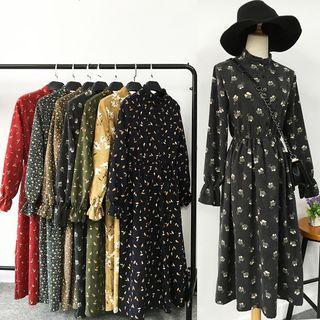 Long-sleeve Gather-waist Patterned Shirtdress