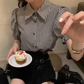Puff-sleeve Plaid Shirt Black - One Size