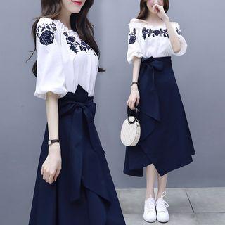 Set: Elbow-sleeve Embroidered Top + A-line Midi Skirt