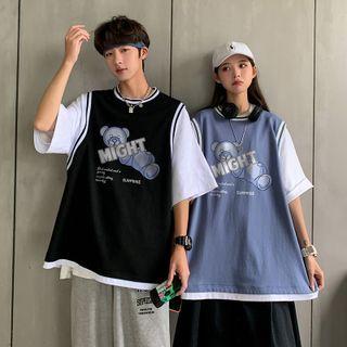 Elbow Sleeve Mock Two Piece Bear Print T-shirt